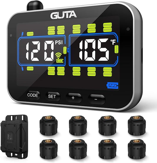 GUTA Trailer Tire Pressure Monitoring System, RV Tire Pressure Monitor with 8 Sensors, 6 Alert Modes, Signal Booster, Large Color Display, Long Sensing Distance, 0-188PSI TPMS for RV Trailer Semi