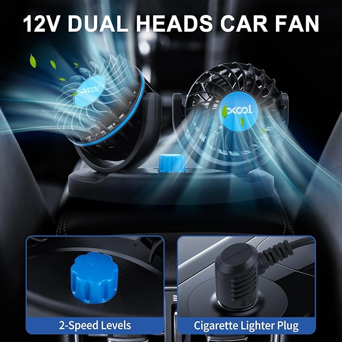 XOOL 12V Fan Car Fan, Adjustable Dual Head 3.5 Inches for Front Seat Passenger, 360° Rotatable Electric Car Cooling Fans with 2 Speed Regulation for SUV, RV, Vehicles