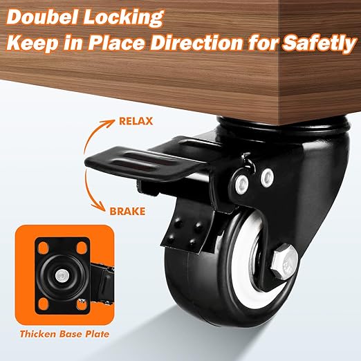 1.5" Casters Set of 20 Heavy-Duty Industrial Caster Wheels with Brake PU No Noise Wheels Double Locking and Double Ball Bearing Swivel Locking Casters for Workbench, Furniture, Plate Castors Black
