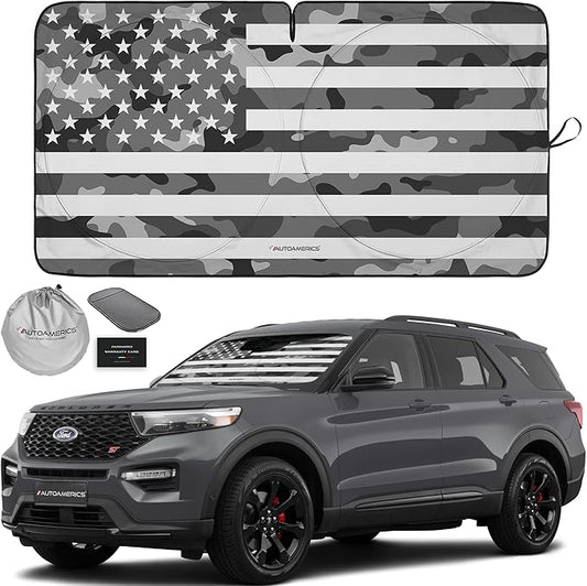 Autoamerics 1-Piece Windshield Sun Shade Gray Camo American Flag USA Design - Foldable Car Front Window Sunshade for Most Sedans SUV Truck - Blocks Max UV Rays and Keeps Your Vehicle Cool - Medium