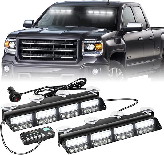 XRIDONSEN White Emergency Dash Strobe Lights Safety Flashing Warning Hazard Interior Front/Rear Windshield Deck Split Light Bar w/Digital Display Controller for Construction Vehicles Trucks