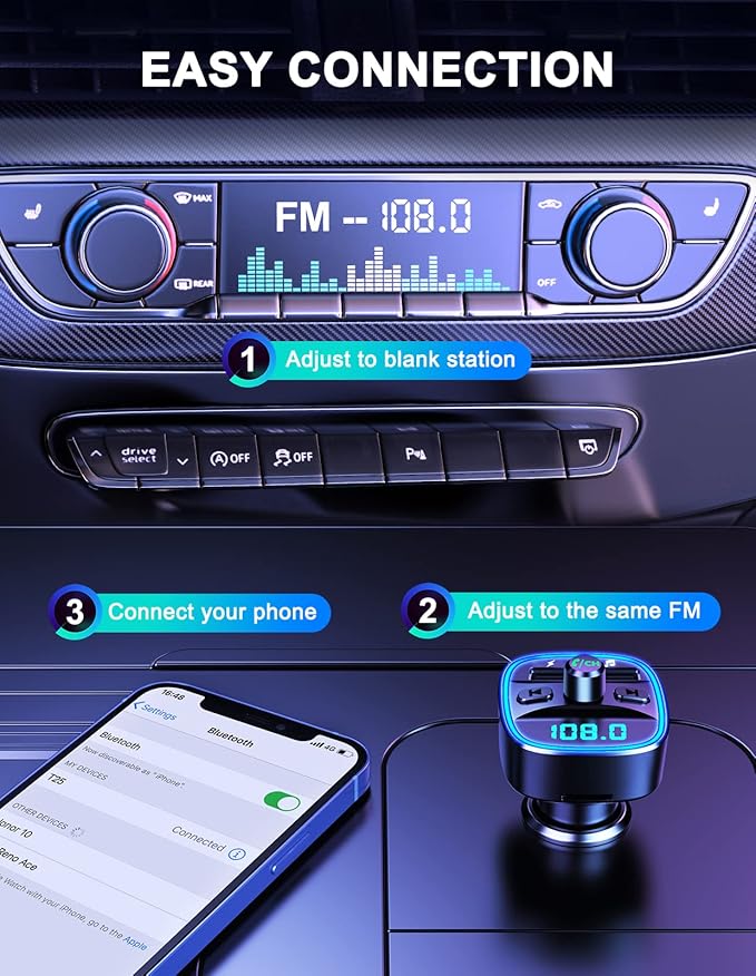(Upgraded) COMSOON FM Transmitter, Bluetooth Car Adapter MP3 Player, Hands-Free Calling, Dual USB Ports (5V/2.4A & 1A), LED Screen, Support SD/TF Card Flash Drive