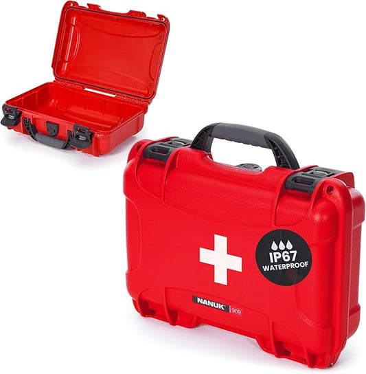 NANUK 909 Waterproof First Aid Box Empty – Durable, Medical First Aid Organizer Case, IP67-Rated, Dustproof, Impact-Resistant, and Floats (11.4" x 7.0" x 3.7") – Red