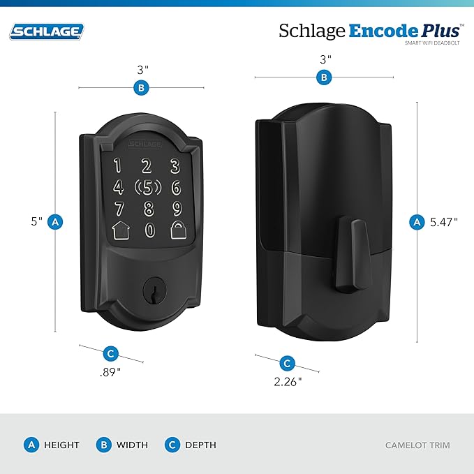 Schlage BE499WB CAM 622 Encode Plus WiFi Deadbolt Smart Lock, Keyless Entry Touchscreen Door Lock with Camelot Trim, Matte Black