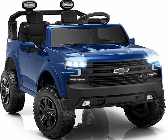 24V 2 Seater Ride on Toys Licensed Chevrolet Silverado, Electric Vehicle with Remote Control and Seat Belts, Electric Ride On Truck wtih Trunk, Bluetooth and LED Lights (Blue)