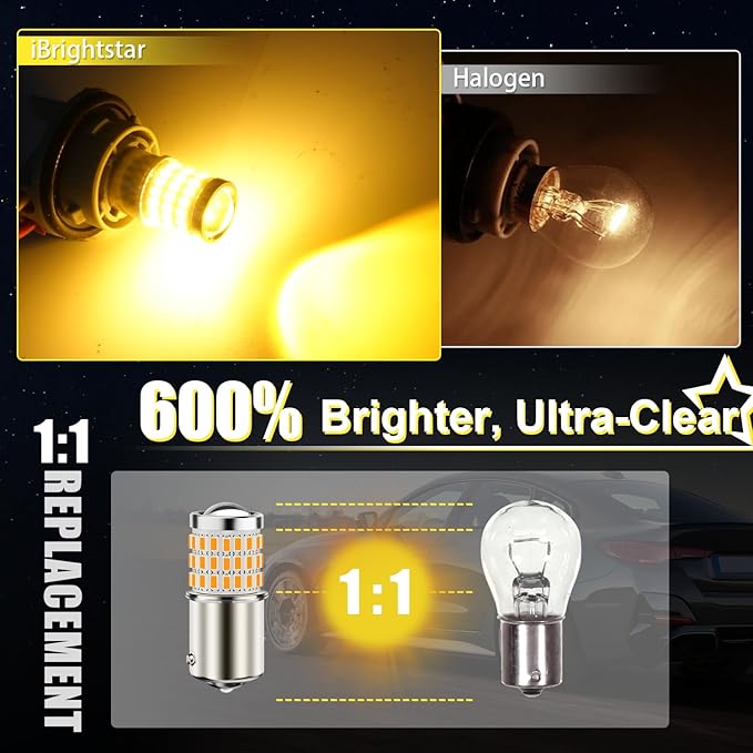 iBrightstar 1156 LED Bulb Amber, BA15S 1141 LED Turn Signal Bulbs Super Bright for Vehicle Blinker Lights and Turn Signal Lights, 2 Pack