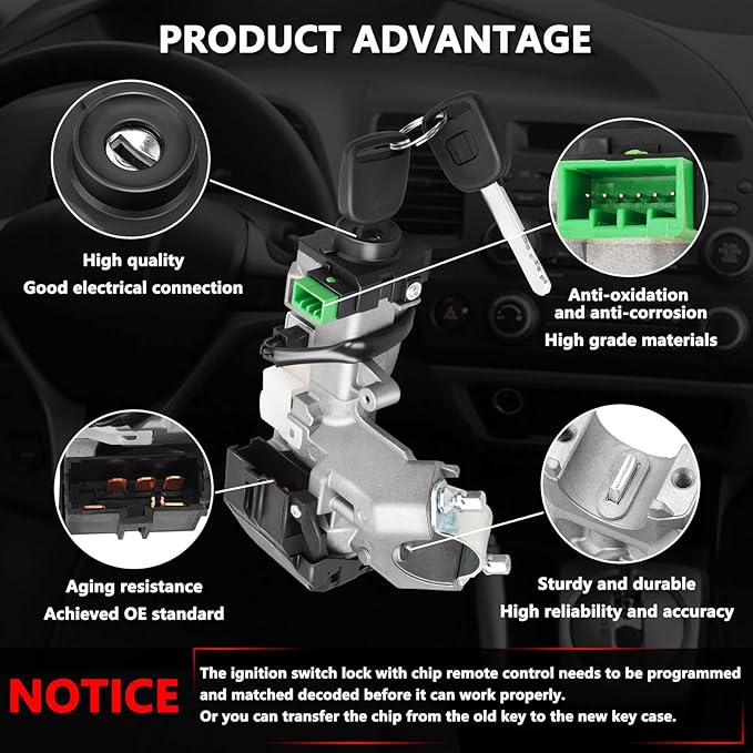 RAMATA Ignition Switch Lock Cylinder with Key (with Blank Chip) Compatible with 2003 2004 2005 Honda Civic 1.3L, 2001 2002 2003 2004 2005 Honda Civic 1.7L