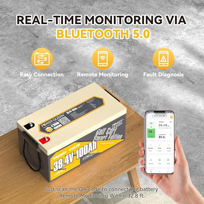Power Queen LiFePO4 Battery 36V 100Ah, Bluetooth Lithium Battery 15000+ Cycles, Group 8D,Low Temp Protection for 36V-72V Electric Outboard Motors, Marine, Golf Cart E-Z-GO TXT, Off-Grid, Home Energy