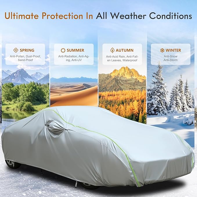Tecoom Car Cover Waterproof All Weather, Windproof UV Sun Rain Snow Protection Outdoor Full Cover with Top Reflective Strip, Door Zipper, Fit for Coupe/Convertible/Sport Cars (173-182 Inches)