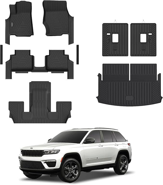 All Weather Car Floor Mats Cargo Liner with Backrest Mat for 2021-2025 Jeep Grand Cherokee L (Only 6-Seats w/o Center Console), TPE Rubber Liners Full Set for Jeep Grand Cherokee Accessories