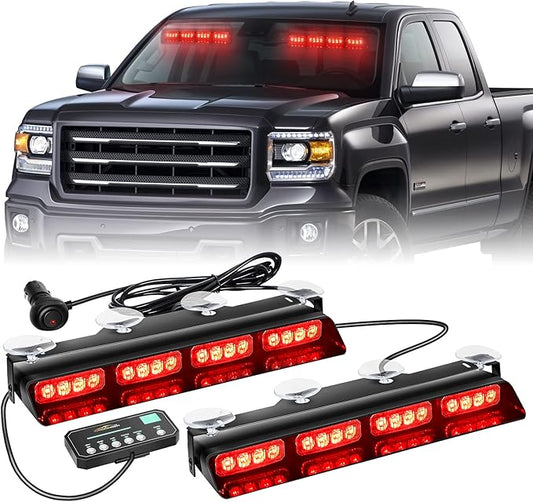 XRIDONSEN Emergency Dash Strobe Lights Safety Flashing Warning Hazard Interior Front/Rear Windshield Deck Split Lights w/Suction Cups for Volunteer Firefighter Police Vehicles Trucks (2x14 inch, Red)
