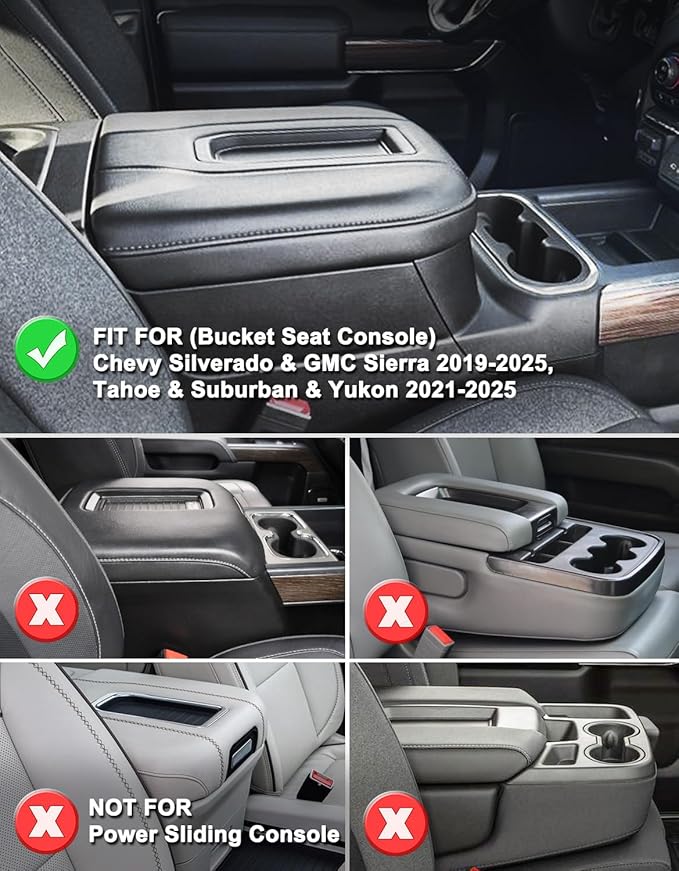 KBH Center Console Armrest Cover for Chevy Silverado & GMC Sierra 2019-2025, Tahoe & Suburban & Yukon 2021-2025, Vinyl Leather Trim, Bucket Seat, Black-Double Stitch