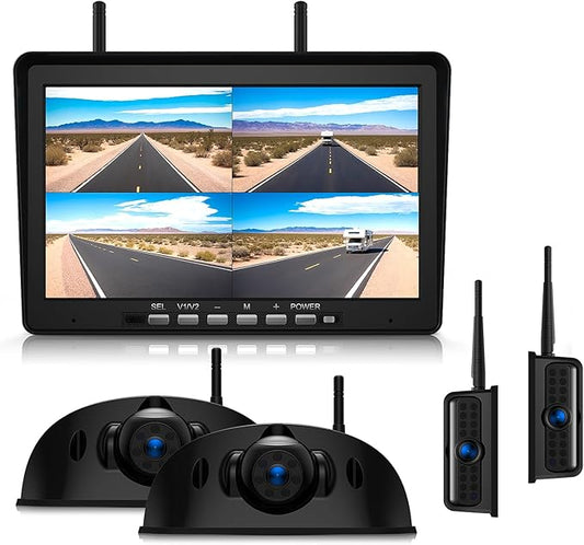 10.1" RV Backup Camera Wireless System Plug and Play, Pre-Wired for Furrion RV Trailer Camper, HD 1080P Quad Split Monitor with 2 Rear View & 2 Side View Cameras, IP69K Waterproof, BY504