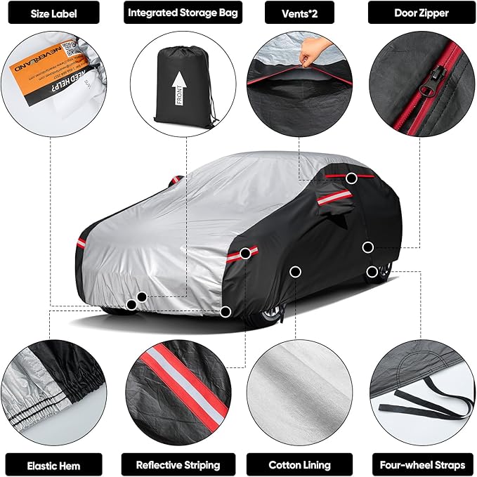 Neverland Car Cover - Car Cover Waterproof All Weather Snowproof UV Protection Windproof Full Car Covers with Side Door Zipper,Reflective Strips,Storage Bag Full Exterior Covers