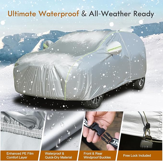 Tecoom SUV Car Cover Waterproof All Weather, Outdoor & Indoor Full Exterior Windproof UV Sun Rain Snow Hail Protection Covers with Zipper Door & Lock, Fit for SUV 216-230 Inches