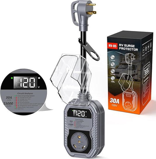 15,000J RV Surge Protector 30 Amp with LED Display, 30 Amp RV Surge Protector with Voltage Monitoring, Clear Error Codes, Comprehensive Detection, IP68 Waterproof Cover