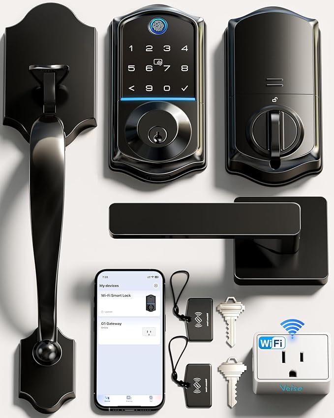 Veise VE017G-H Wi-Fi Smart Fingerprint Front Door Lock Set, Remote App Control, Keyless Entry Deadbolt with Handle, Backlit Keypad, IP55 Weatherproof, Auto Lock, Easy to Install, Matte Black