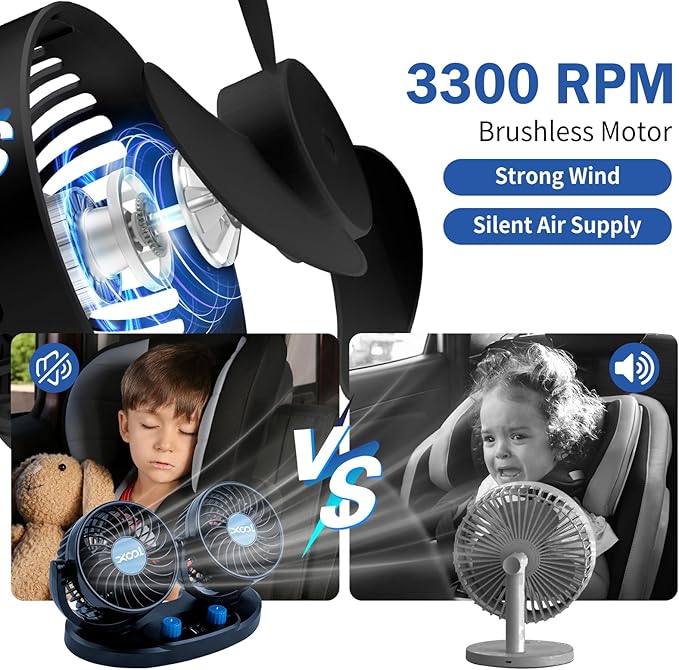 XOOL 12V Car Fan, 360 Degree Rotatable Electric Car Fans, 2 Speed Dual Head Fans with 2 USB Charging Ports, Quiet Strong Cooling Air Fan for Truck Vehicle Boat Van SUV RV