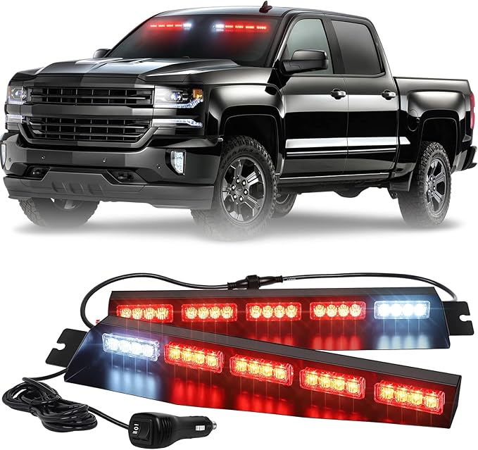 XRIDONSEN Red Emergency Visor Lights Bar Interior Windshield Strobe Lights 40 LED Warning Safety Flashing w/White Take Down Deck Split Mount for firefighter Police Vehicles Trucks (2x17 inch)