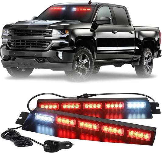 XRIDONSEN Red Emergency Visor Lights Bar Interior Windshield Strobe Lights 40 LED Warning Safety Flashing w/White Take Down Deck Split Mount for firefighter Police Vehicles Trucks (2x17 inch)