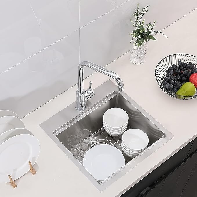 18x18 Inches Drop In Bar Sink, 18 Inch Stainless Steel Topmount Deep Single Bowl Workstation Small Kitchen Wet Bar Prep RV Sink with Cutting Board