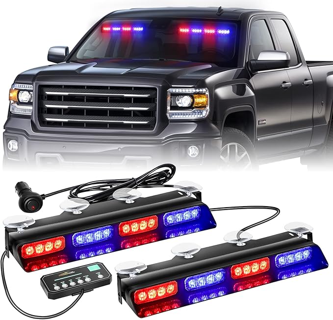 XRIDONSEN Emergency Strobe Dash Police Lights Safety Flashing Warning Hazard Interior Front/Rear Windshield Deck Split Light Bar w/Suction Cups for Vehicles Trucks (2x14 inch, Red Blue)
