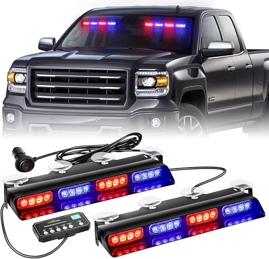 XRIDONSEN Emergency Strobe Dash Police Lights Safety Flashing Warning Hazard Interior Front/Rear Windshield Deck Split Light Bar w/Suction Cups for Vehicles Trucks (2x14 inch, Red Blue)