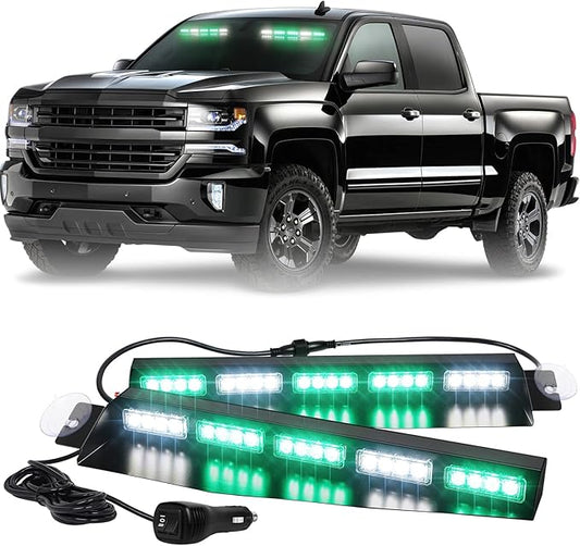 XRIDONSEN Green White Emergency Visor Lights Interior Windshield Strobe Lights Bar Warning Flashing Safety for Firefighter Vehicles Trucks w/Take Down, Deck Split Mount (34 inch, 40 LED)