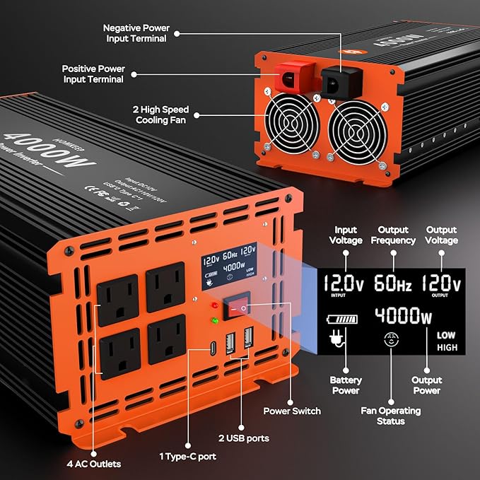 4000 Watt Power Inverter 12V DC to 110V/120V AC Converter Peak Power 8000W Car Inverter with LCD Display 2 AC Outlets USB Port Cables Included for RV,Truck,Off-Grid Solar System Remote Controller