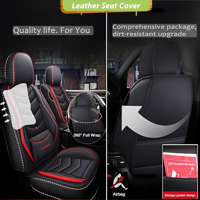 Car Seat Covers for Honda Civic 2003-2026, Full Set Premium Leather Waterproof Breathable Anti-Slip Seat Covers Protection with Airbag Safe Design(Black&Red, Standard)