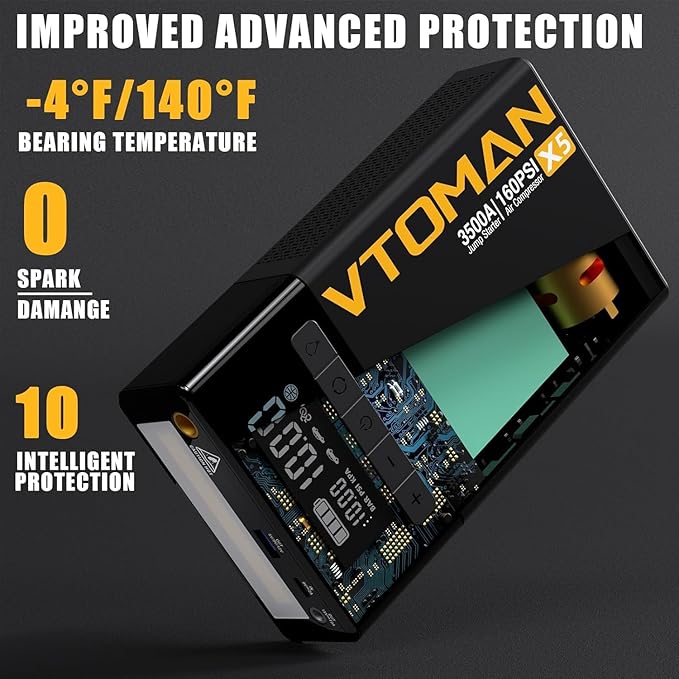 VTOMAN X5 Jump Starter with Air Compressor, 3500A Portable Car Battery Booster (Up to 9L Gas/8L Diesel Engines) with 160PSI Digital Tire Inflator, 12V Lithium Battery Jump box with Type-C Quick Charge