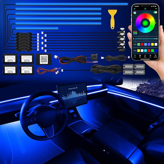 Acrylic Interior Car LED Strip Light with Wireless APP, RGB 18 in 1 with 175 inches 593 LEDs Fiber Optic Ambient Lighting Kits, 16 Million Colors Sound Active Function Car Neon Lights