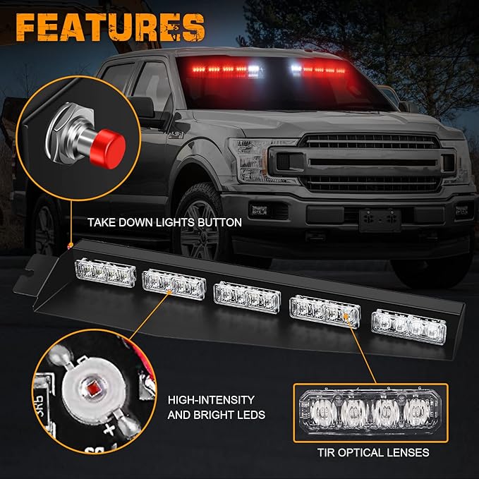 XRIDONSEN Red Emergency Visor Lights Bar Interior Windshield Strobe Lights 40 LED Warning Safety Flashing w/White Take Down Deck Split Mount for firefighter Police Vehicles Trucks (2x17 inch)