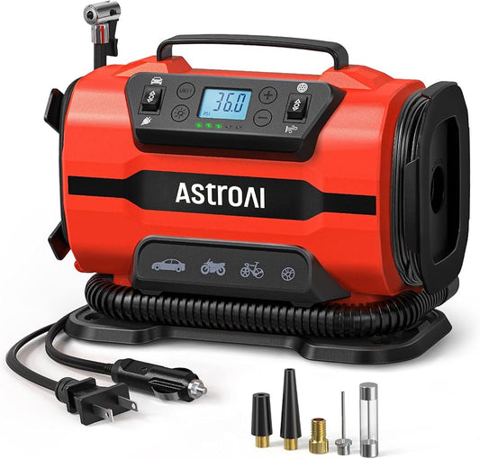 AstroAI Tire Inflator Portable Air Compressor Pump 150PSI 12V DC/110V AC with Dual Metal Motors&LED Light, Automotive Car Accessories&Two Modes for Car, Bicycle Tires and Air Mattresses, Red