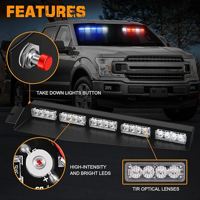 XRIDONSEN 34 inch Emergency Visor Police Lights 40 LED Red Blue Police Light Bar Safety Flashing Warning Hazard Interior Front Windshield Strobe w/White Take Down Deck Split Mount for Vehicles Trucks
