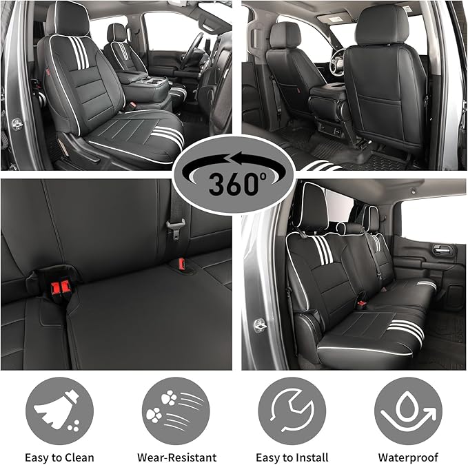EKR Silverado Seat Covers Custom Fit for (Crew Cab) 2019-2026 Chevrolet Silverado 1500/1500 Limited/HD 2500/3500, Rear Row W/Armrest,Faux Leather(Black with White Trim)
