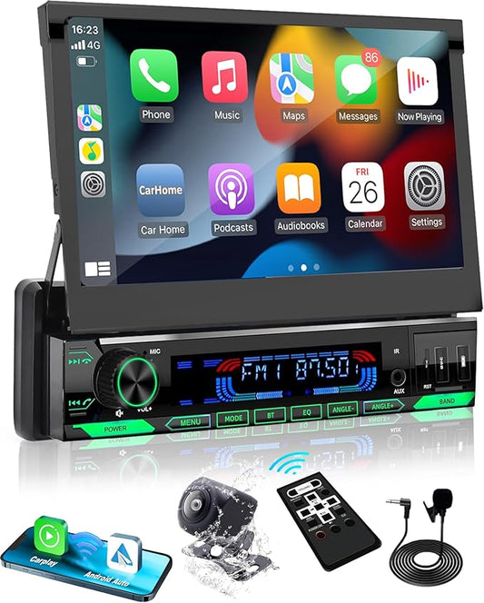 Y-METDRVIING Motorized Single Din Wired Carplay Car Stereo with Bluetooth 5.1, 7 Inch flip Out Touchscreen Car Radio MP5 Player,Flip up car Stereo with Android Auto, Mirror Link/USB/FM/Backup Camera