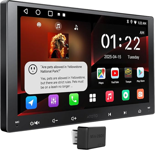 [9-Inch] ATOTOEXCEL Android Double Din Car Stereo, Wireless CarPlay & Android Auto, AI-Powered Car Radio with OBD2 Scanner, Wi-Fi/Bluetooth/USB, 24B EQ&DSP, 4 * 45W Amp, 2G+32G