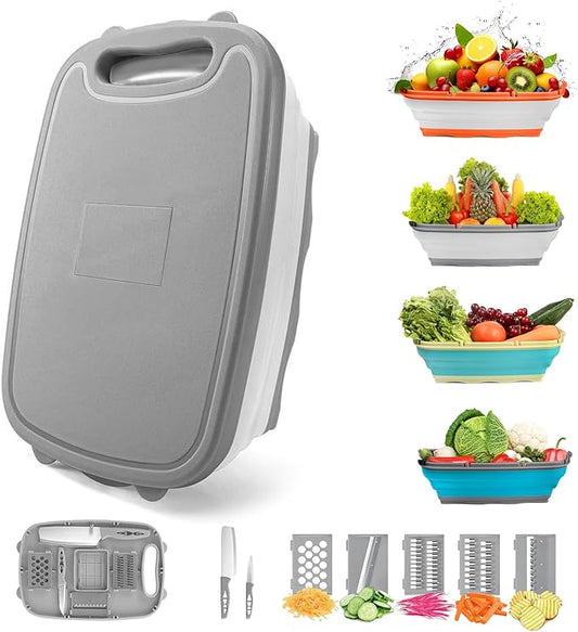 Gintan Camping Cutting Board, 9-in-1 Collapsible Chopping Board with Colander, Kitchen Vegetable Washing Basket for Camping, Camping Gifts Camping Accessories for RV Campers (Gray)