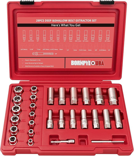 28Pcs Deep Bolt Extractor Set, with 3/8" Drive, Ez Out Broken Bolt Remover Kit, Spark Plug Extractor Socket Set, Easy Out Stripped Lug Nut Removal Tool for Removing Rounded, Rusted Bolts, Nuts & Screw