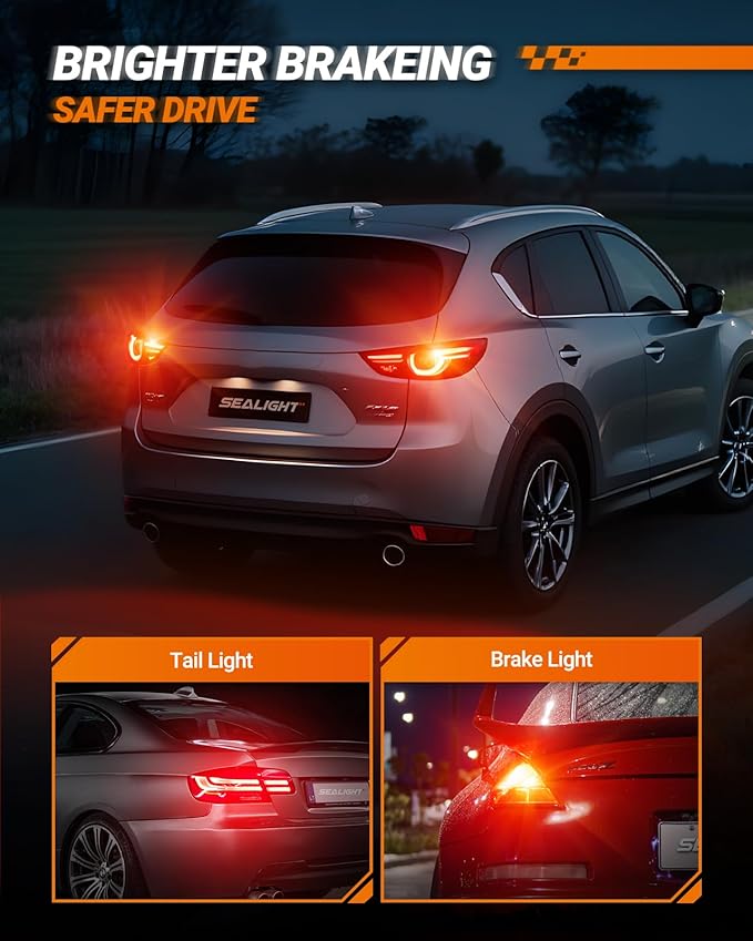 SEALIGHT 7440 7443 LED Bulbs Red for Brake Lights, Upgraded T20 7444 7441 W21W 992 7443NA LED Bulb 56-SMD with Projector Lens for Stop Tail Lights, Pack of 2