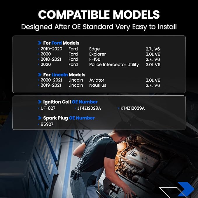 UF827 Ignition Coils & 95927 Spark Plugs Compatible with Ford Edge Explorer F150, Compatible with Lincoln Aviator Nautilus, 2.7L 3.0L V6 - Replaces JT4Z12029A, KT4Z12029A