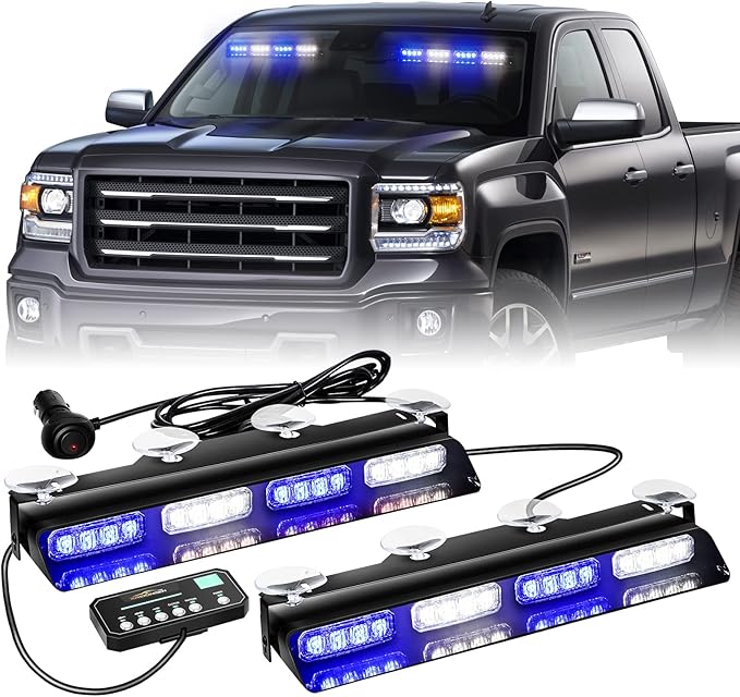XRIDONSEN Emergency Dash Strobe Lights Safety Flashing Warning Interior Front/Rear Windshield Deck Split Light w/Digital Display Controller for Ambulance Police Vehicles Truck (2x14 inch, Blue White)