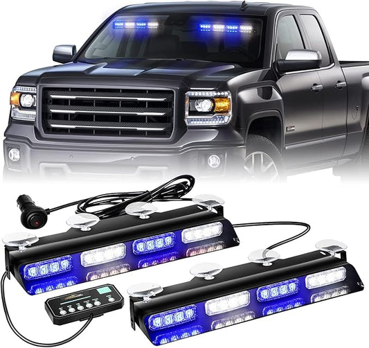 XRIDONSEN Emergency Dash Strobe Lights Safety Flashing Warning Interior Front/Rear Windshield Deck Split Light w/Digital Display Controller for Ambulance Police Vehicles Truck (2x14 inch, Blue White)