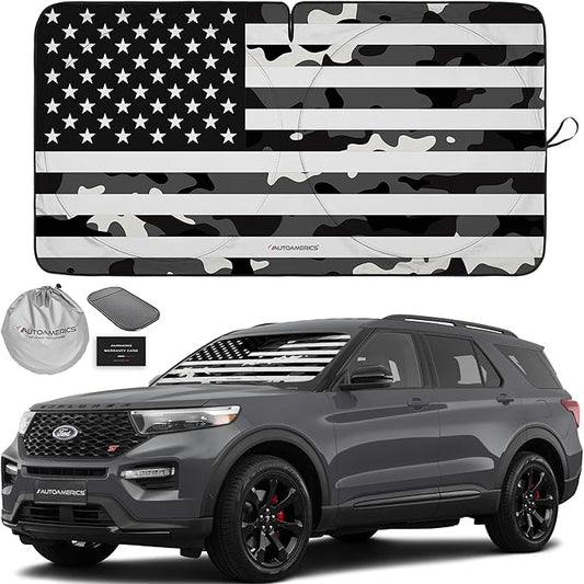 Autoamerics 1-Piece Windshield Sun Shade B&W Camo American Flag USA Design - Foldable Car Front Window Sunshade for Most Sedans SUV Truck - Blocks Max UV Rays and Keeps Your Vehicle Cool - Medium