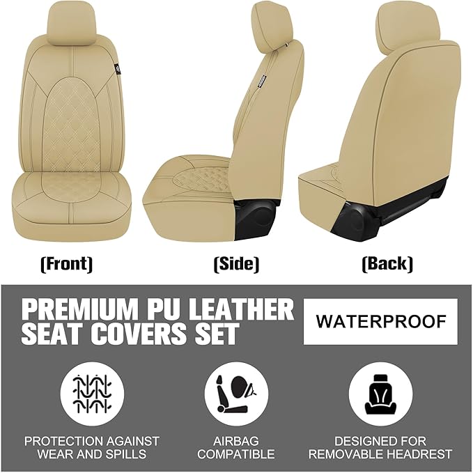 YGL Luxury PU Leather Car Seat Covers Full Set, Non-Slip Seat Cover Protectors, Universal Fit for Cars, Trucks, SUVs, Vans, Pickups, Airbag Compatible, Seat Covers for Car Interior (Beige)