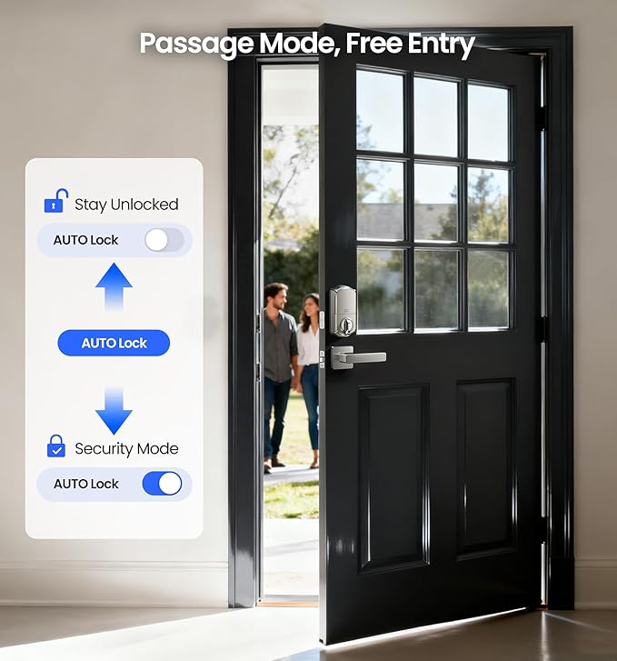 Veise VE017-B Fingerprint Smart Lock for Front Door, App Control, 7-in-1 Keyless Entry Deadbolt with 2 Zinc Alloy Lever Handles Set, Emergency Power Port, Auto Lock, Electronic Keypad, Satin Nickel