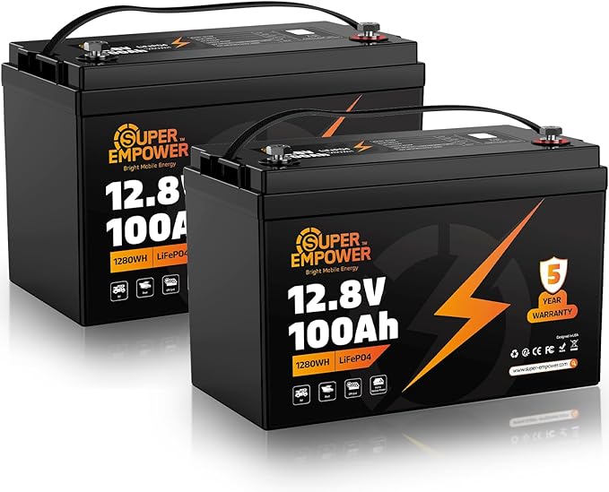 12V 100Ah LiFePO4 Lithium Battery- BCI Group 27, Deep Cycle LiFePO4 Battery with Low-Temp Protection, 100A BMS, 3840Wh, Max.15000 Cycles,10-Year Lifespan for RV, Solar, Trolling Motor (2 PACK)