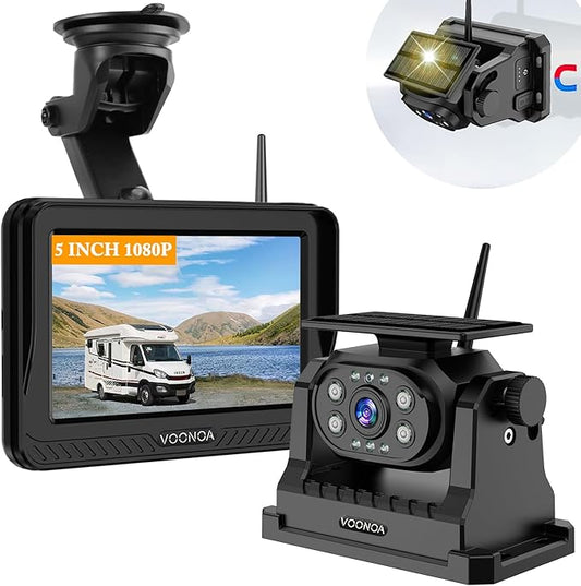 Solar Magnetic Wireless Backup Camera, 1080P 5 Inch Monitor Hitch Rear View Back Up Camera System 9600mAh Rechargeable Battery Reverse Camera for Car RV Truck Trailer VN005