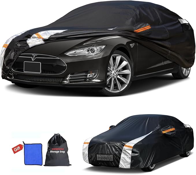 12-Layer Custom Fit Car Cover for Tesla Model S (2012-2026), Upgraded Waterproof All-Weather Full Exterior Cover with Door Zipper and Charging Port, for Snow Rain Dust and Sun UV Protection-Black.
